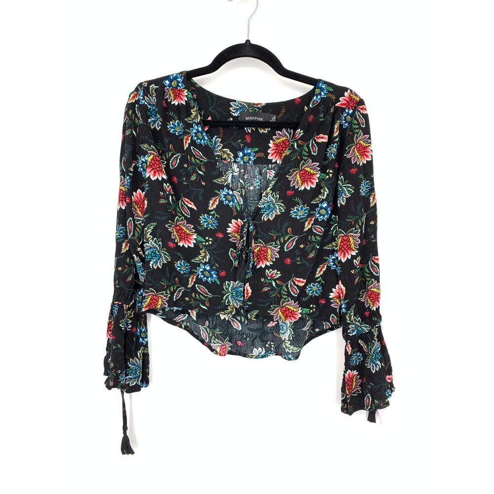 Minkpink Top Women's Sz S Crop Floral Print Blouse Bell Sleeve V-Neck Multicolor
